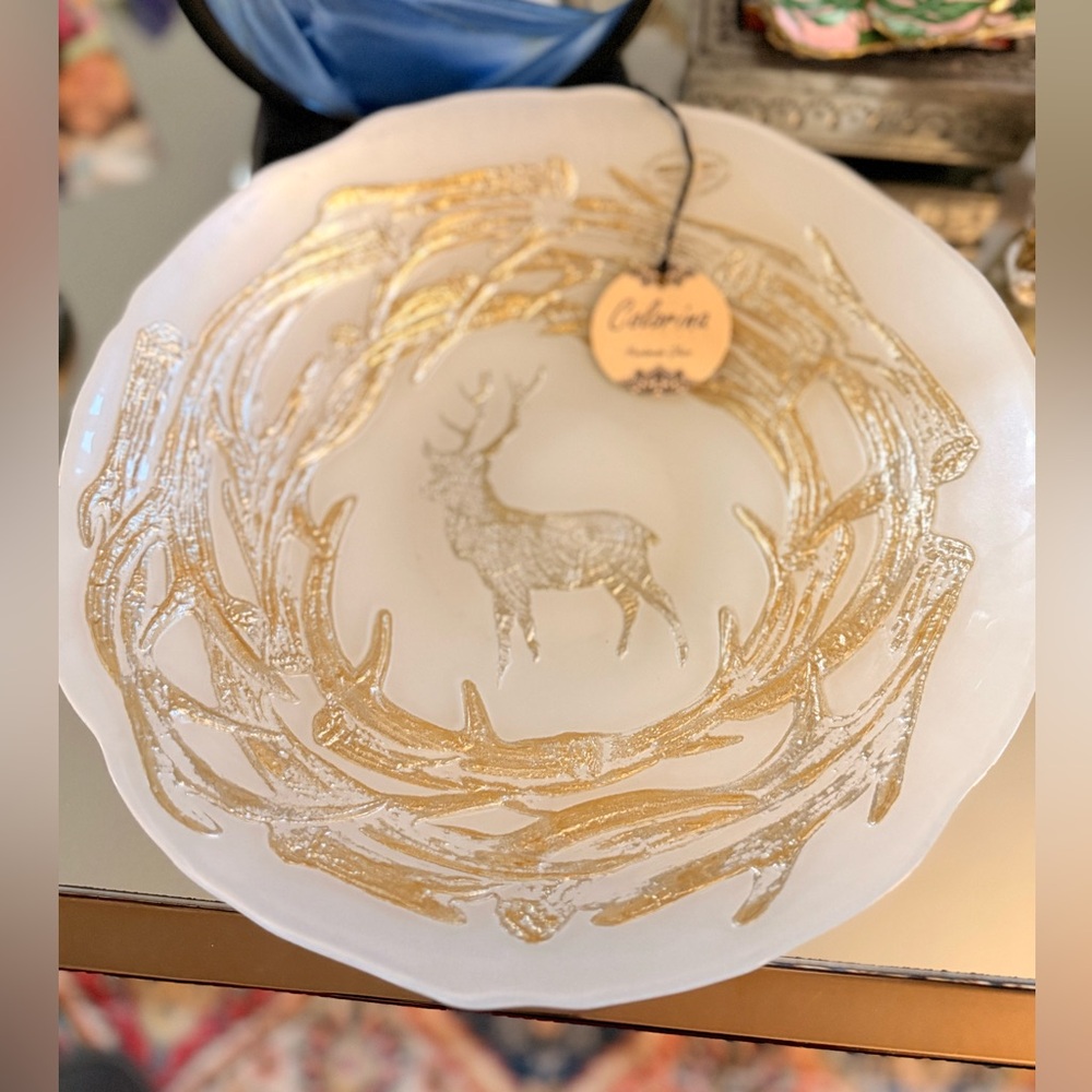 Colorina Handmade Glass Platter Gold Deer Wreath Turkey